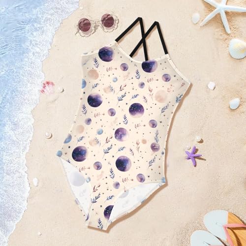 Watercolor Planet Pattern Girls One Piece Swimsuits Summer Quick Dry Beach Bathing Suit3