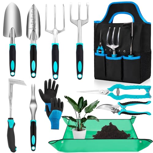 ZYNKORA Garden Tool Set with Non Slip Rubber Grip,11 Pcs Stainless Steel Gardening Tool Sets,Thickened Repotting Mat,Storage Tote Bag,Heavy Duty Outdoor Hand Tools Uprooting Weeding Tool,Gifts Blue