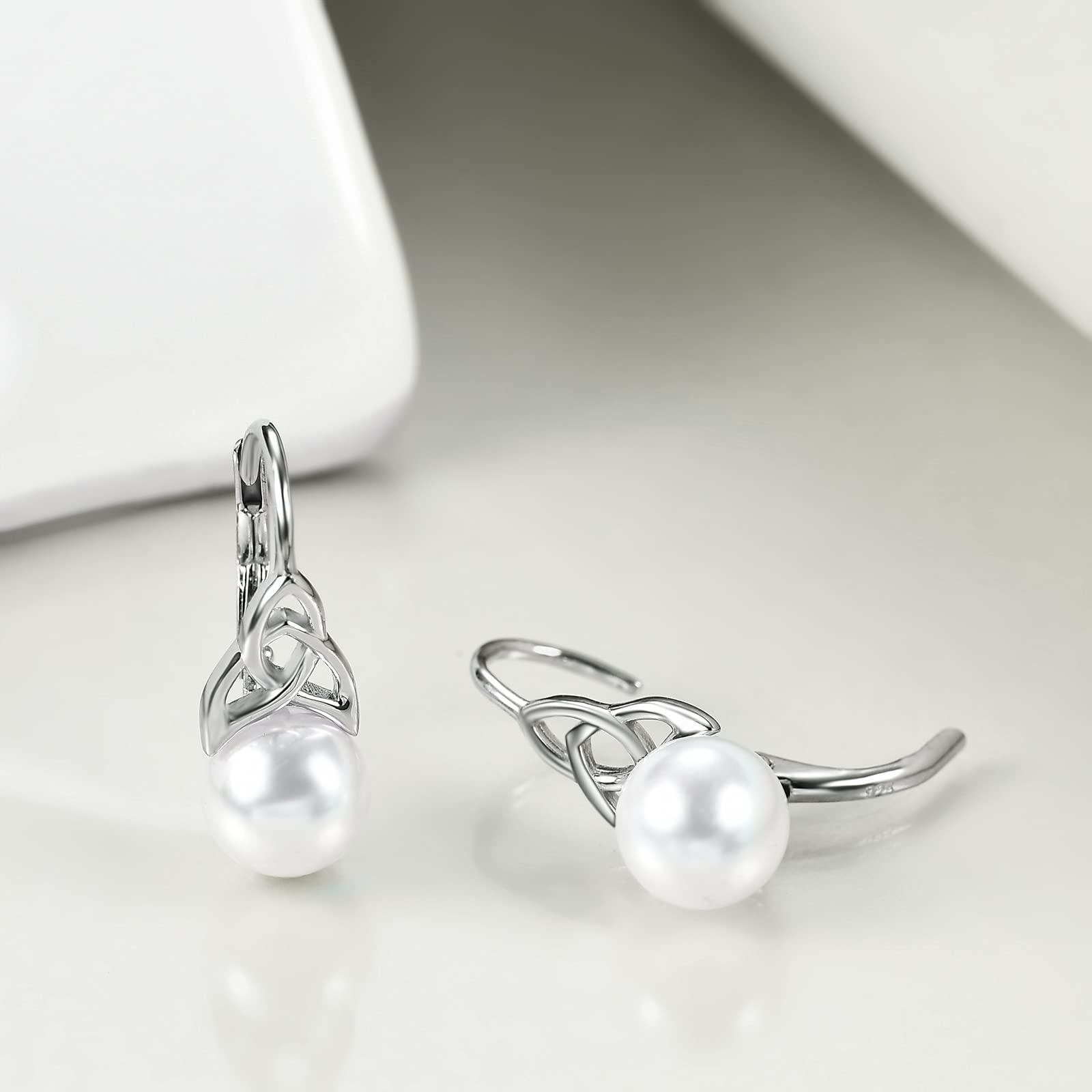Pendientes de Perlas Para Mujer, Pendientes de aro con Nudo Celta Irlandés de Plata de Ley 925, Joyería con Palanca, Regalos Para Mamá, Madre, Niñas, Amigas