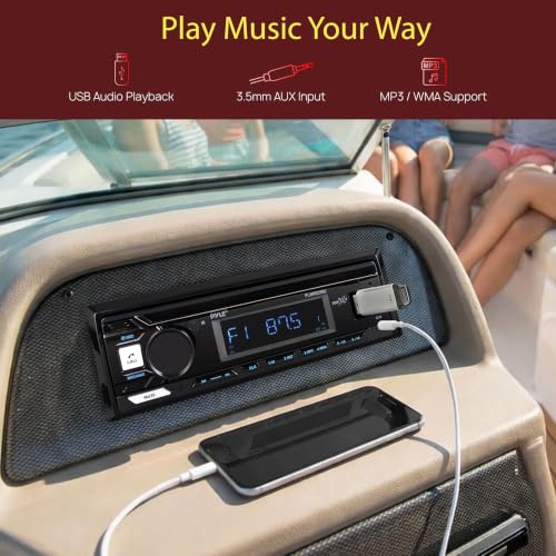 Image of Pyle Marine Radio Stereo Receiver with Bluetooth MP3 Player - Single DIN Boat Audio System, AM /FM Tuner, USB /AUX Input, 30 Preset Stations, Hands-Free Calling, 350 W Power for Marine and Boat Use