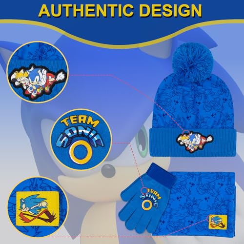 Image of Sonic The Hedgehog Winter Hat and Gloves Set - Blue Sonic Hat for Boys Ages 5-13 - Winter Hat with Scarf and Glove Set
