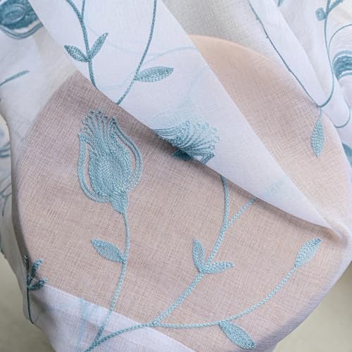 Image of Floral Embroidery Sheer Curtains Blue 63 Inches, Rod Pocket Voile Drapes for Living room, Bedroom, Window Treatments Semi Crinkle Curtain Panels for Yard, Patio, Villa, Parlor, Set of 2, 52 inchx 63 inch.
