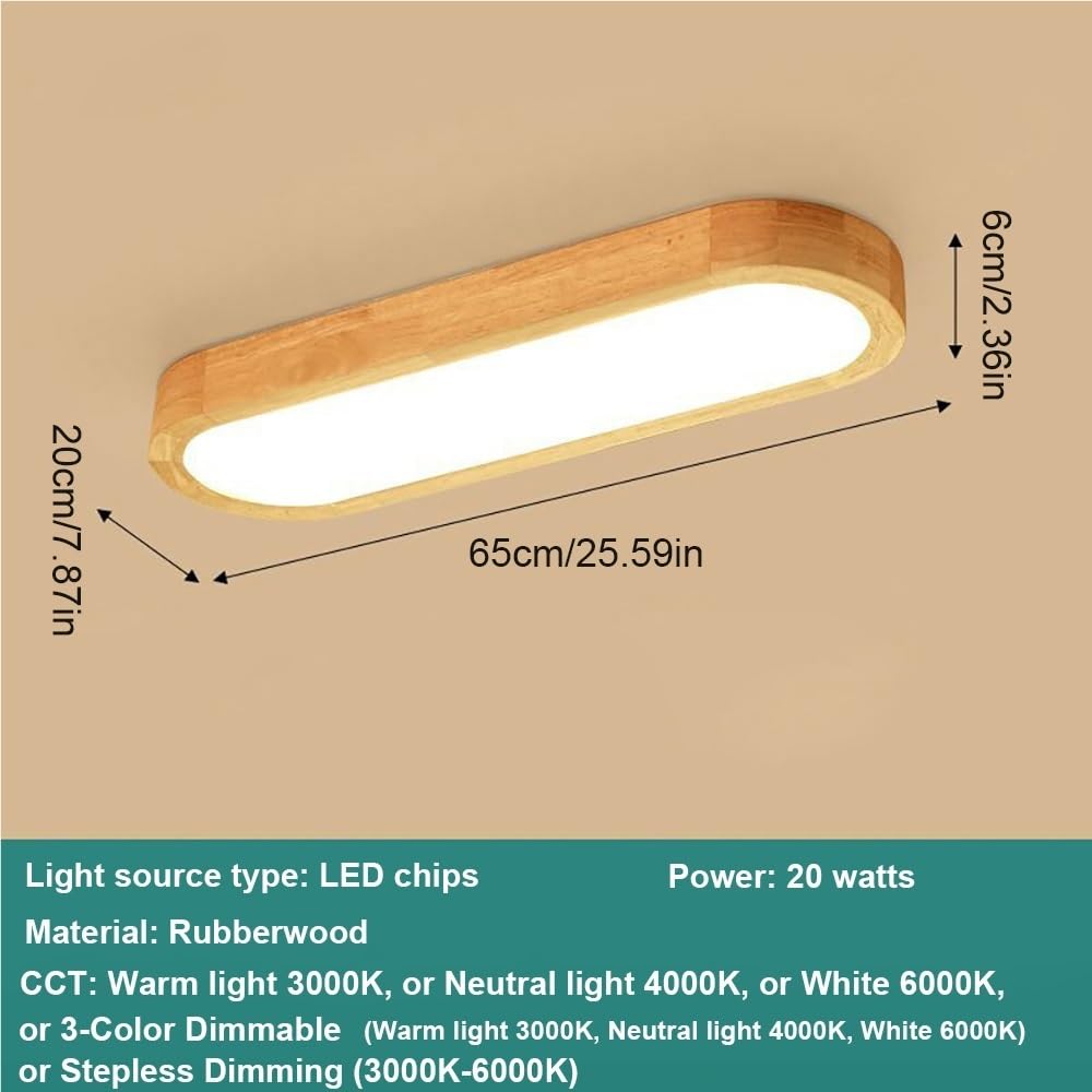 Lámpara de Techo LED de Madera Moderna, Plafón Minimalista Alargado Plano Estilo Japonés Luz de Techo para Pasillo Sala(Stepless Dimming,65cm/25.59in)