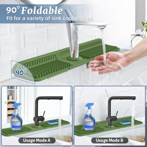 Image of PoYang 24 inch Faucet Mat for Kitchen Sink Splash Guard, 7 Slope Silicone Sink Water Splash Guard for Kitchen Sink Area with Snap, Longer Sink Protectors for kitchen Sink Sponge Holder, Avocado Green