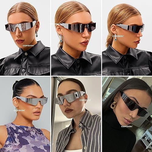 COASION Y2K Silver Futuristic Metallic Sunglasses Cyberpunk Concert Glasses for Women Men, Game 2077 Costume Eyewear2