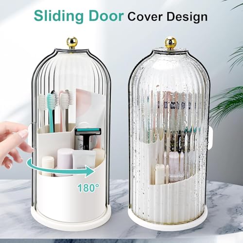 Image of Toothbrush Holder with Lid Bathroom Organizer Countertop, Rotating 3 Slots Electric Tooth Brush Toothpaste Holder Bathroom Counter Stand Sink Organizer Caddy for Vanity Makeup Brushes (Clear)