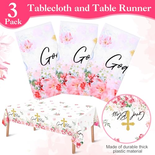 Image of Ganeen 3 Pcs God Bless Baptism Tablecloth First Holy Communion Table Cloth Pink Disposable Plastic Religious Table Cover Waterproof for Christening Baby Shower Baptism Party Decorations, 54 x 108 Inch