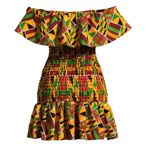 Image of iooiooi Women's Bodycon Dress Off Shoulder Ruffle Elasticated Ankara Dresses Summer African Print Dresses