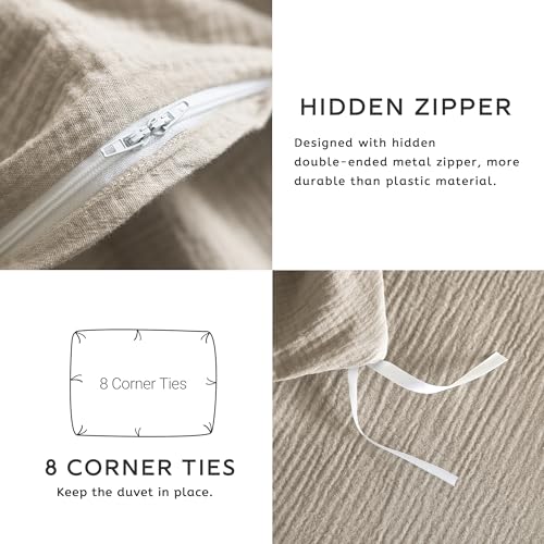 SE SOFTEXLY Muslin Duvet Cover California King Size, 100% Washed Cotton Duvet Cover Set, Soft Comforter Cover Linen Like, 3 Pieces Minimalist Gauze Duvet Cover with 2 Pillowcases, 98"x104", Beige