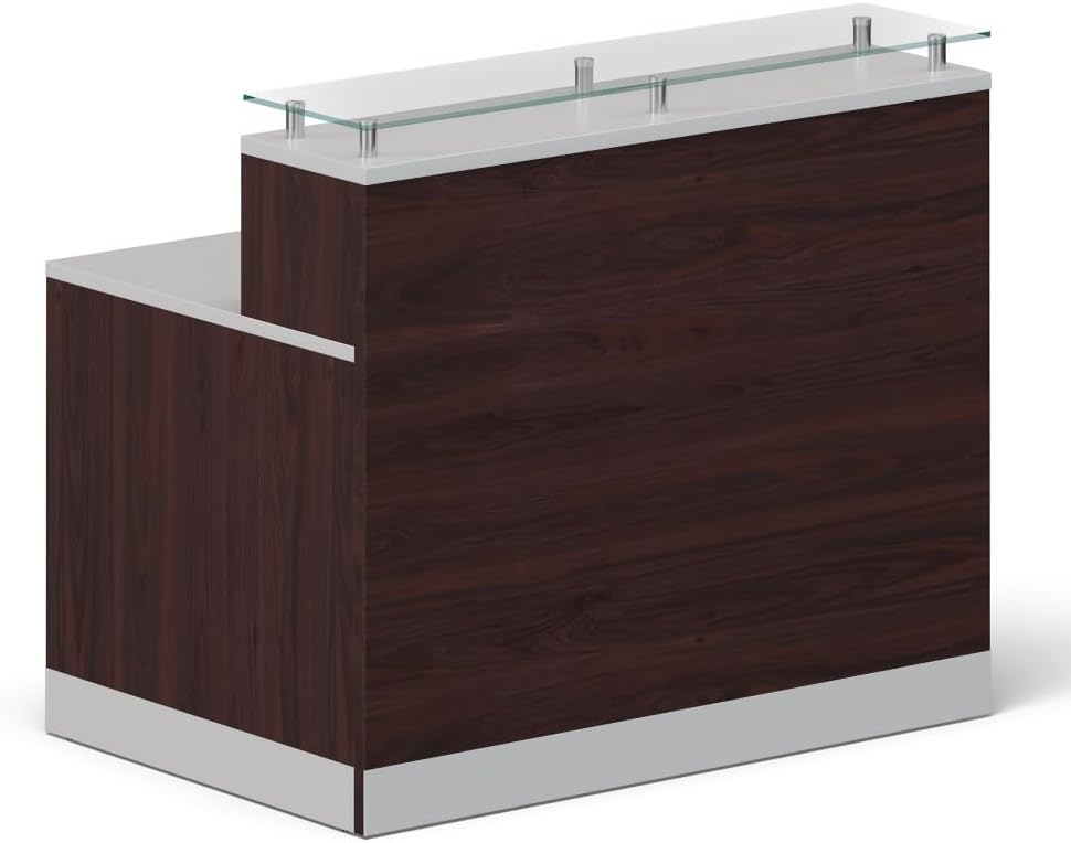 NBF Small Modern Reception Desk with Counter - 48" W x 32" D Retail Checkout Station - Front Reception Counter with 2 Grommet Holes - Countertop Lobby Desk for Office Salon Store, Walnut