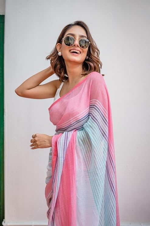Image of RAJESHWAR FASHION WITH RF Women's Lime Green Floral Print Linen Cotton Saree with Contrast Pallu, Tassel Border, Traditional Summer Festive with Blouse Piece