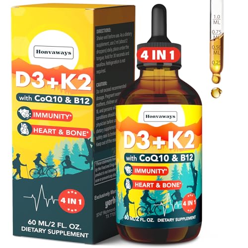 Vitamin D3 K2, Vitamin D3 K2 MK-7 4000 IU Liquid Supplement with CoQ10 & B12 for Joint Teeth & Bone Health, Overall Health, High Absorption VIT D3 con K2 Drops Supplements for Women & Men, 2 Fl Oz