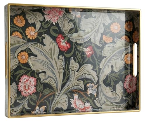 Zosenley Vintage William Morris-Style Serving Tray with Handles - 15.7" x 11.8" Floral Pattern Decorative Platter for Coffee Table, Ottoman & Breakfast in Bed - Sturdy Plastic Rectangular Tray