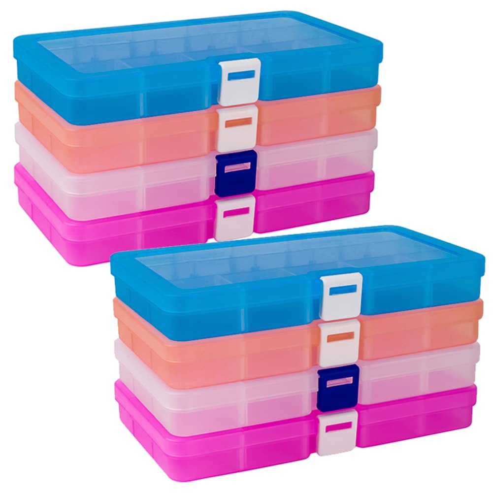 Qualsen8 Pack Bead Organizer Plastic Compartment Box with Adjustable Dividers Craft Tackle Organizer Storage Containers Box 15 Grid (4 Colors)