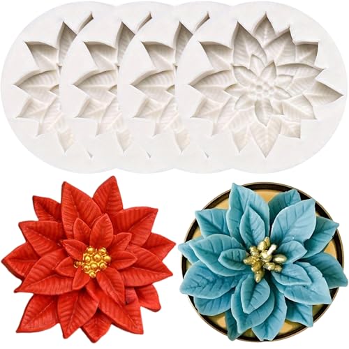 4PCS moldes de silicona con forma de hoja de acebo de Navidad, Molde de silicona para velas navideñas con motivos florales, para chocolate, tartas, fondant, galletas, jabón, hornear
