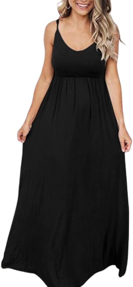 PRIMODA Women's Summer Casual Sleeveless V Neck Adjustable Spaghetti Strap Maxi Long Dress - Image 2