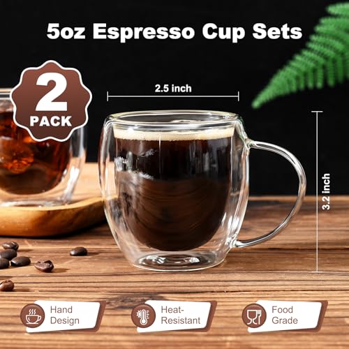 Double Walled Glass Espresso Cups Set of 2 - 5 oz Clear Insulated Mugs