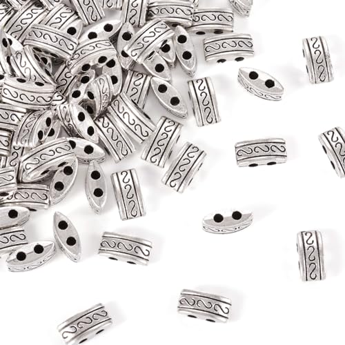 Pandahall 100pcs Tibetan Style Antique Silver 2-Hole Alloy Bead Rectangle