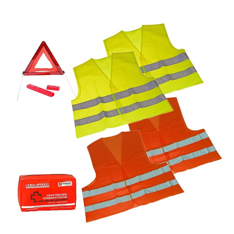 1 X Set di sicurezza primo soccorso emergenza set vacanza Repubblica Ceca/Germania/Austria 6 pezzi – 1 X Borsa pronto soccorso; 2 X Gilet ad alta visibilità DIN ISO 20471 adulti; 2 X Gilet ad alta visibilità Kind; 1 X triangolo di segnalazione