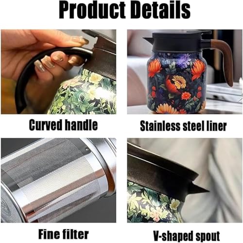 Raidley Vintage Floral Design Tea Thermos, Doresty Tea Pot with Built-In Infuser, Stainless Steel Thermal Carafe for Hot Beverages (Blue, Plastic Handle) - Image 7