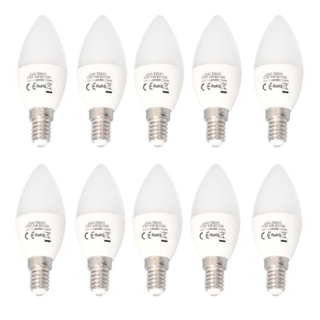 JANDEI, 10 x 4W E14 Thread 6000K Type C37 LED Candle Bulb, Perfect for Living Room Kitchen, Office, Bedside Table, Bedroom