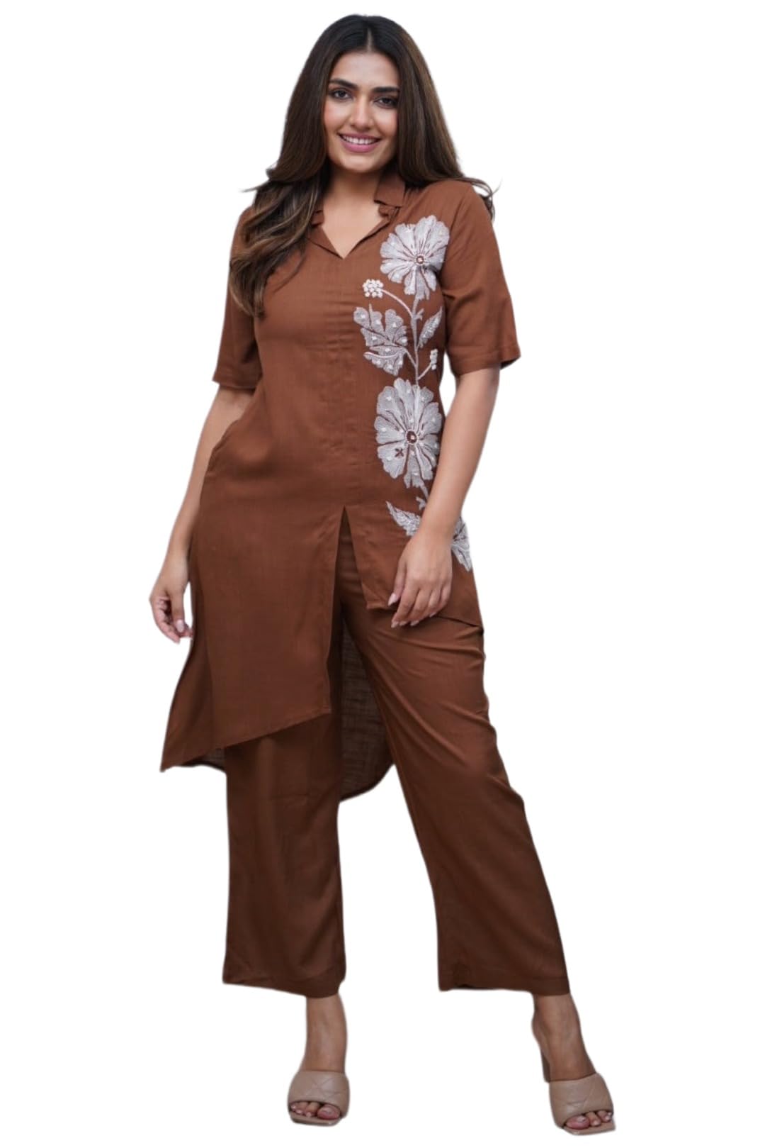 Co Ord Set for Women Poly Embroidered | Kurti Set for Woman | Top Palazzo Set | A Line Co ord Set | V Collar Neck Elbow Sleeve Suit Set for Women Stylish Outfit Clothing-image-29