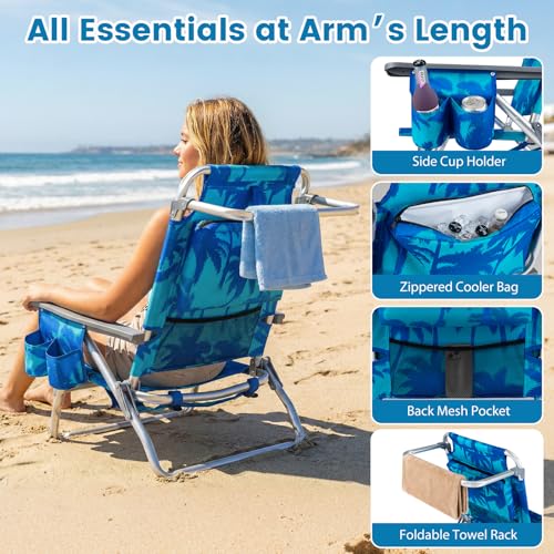 Image of Giantex Folding Beach Chair, Patio Sling Chairs with 5 Adjustable Position, Head Pillow, Storage Bag, Towel Bar, Cup Holders, Backpack Chairs for Sunbathing, Camping Chair