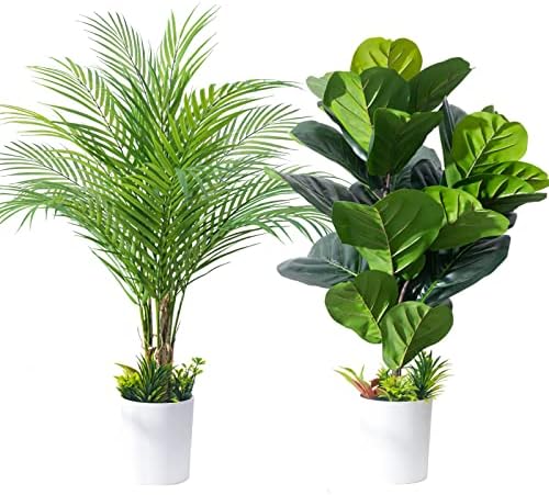 Kmitang 27.6” Set of 2 Artificial Palm Tree Indoor Fake Fiddle Fig Tree Faux Tropical Plants Plastic Fiddle Leaf Artificial Palm Plant Outdoor for Home Living Room Office Floor Decor（Palm+Ficus）