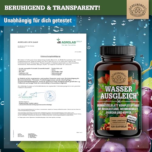 WASSERAUSGLEICH® Aqua Balance Kapseln -WICHTIG: Laborgeprüfte Wasser Balance Kapseln mit Brennessel-, Rosskastanienextrakt, Roter Weinlaub, Mangan +Kupfer 120Stk DE SCHEUNENGUT®