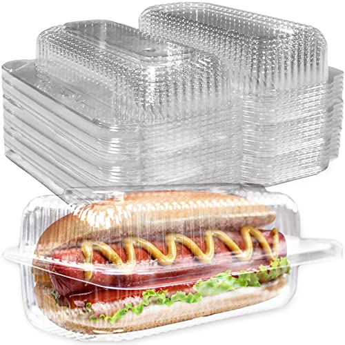 Sturdy, Locking Plastic Hot Dog Trays. 100 Pack. Premium, Disposable Food Presentation Boats for Takeout and to-Go Meals. Made from PET. Ridged Edge Designs Give an Upscale Look