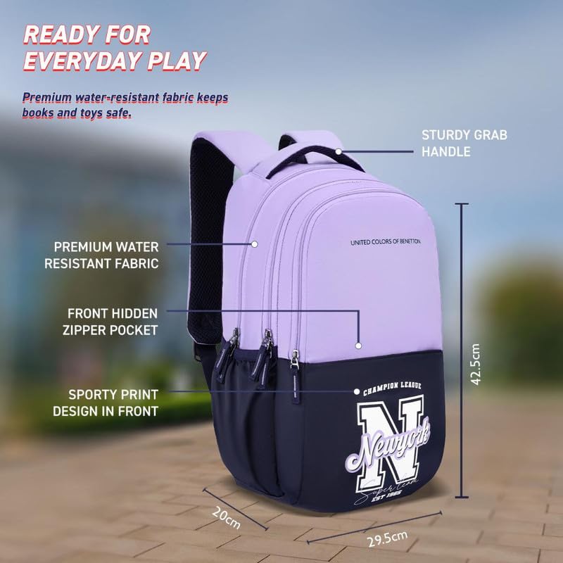 Image of United Colors of Benetton Backpack Flux | Printed High School Bag With 3 CompartMen'sts, Airmesh Padding & 1-Year Warranty - 25L Capacity | Daypack For School Girls & Boys