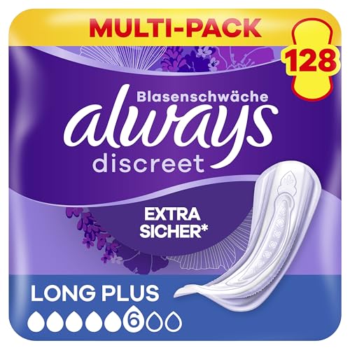 Always Discreet Inkontinenz-Einlagen Long Plus Monatspaket bei Blasenschwäche, 128 Einlagen (Sparpackung 8 Packungen x 16 Stück)