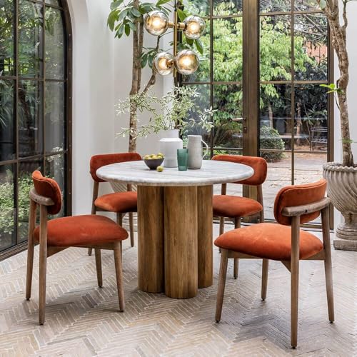 Image of Round Marble Top Dining Table for 4 Seater - Solid Mango Wood Base, Modern Contemporary Style, 47-Inch Compact Table for Dining Room, Kitchen or Cafe - Chairs Not Included