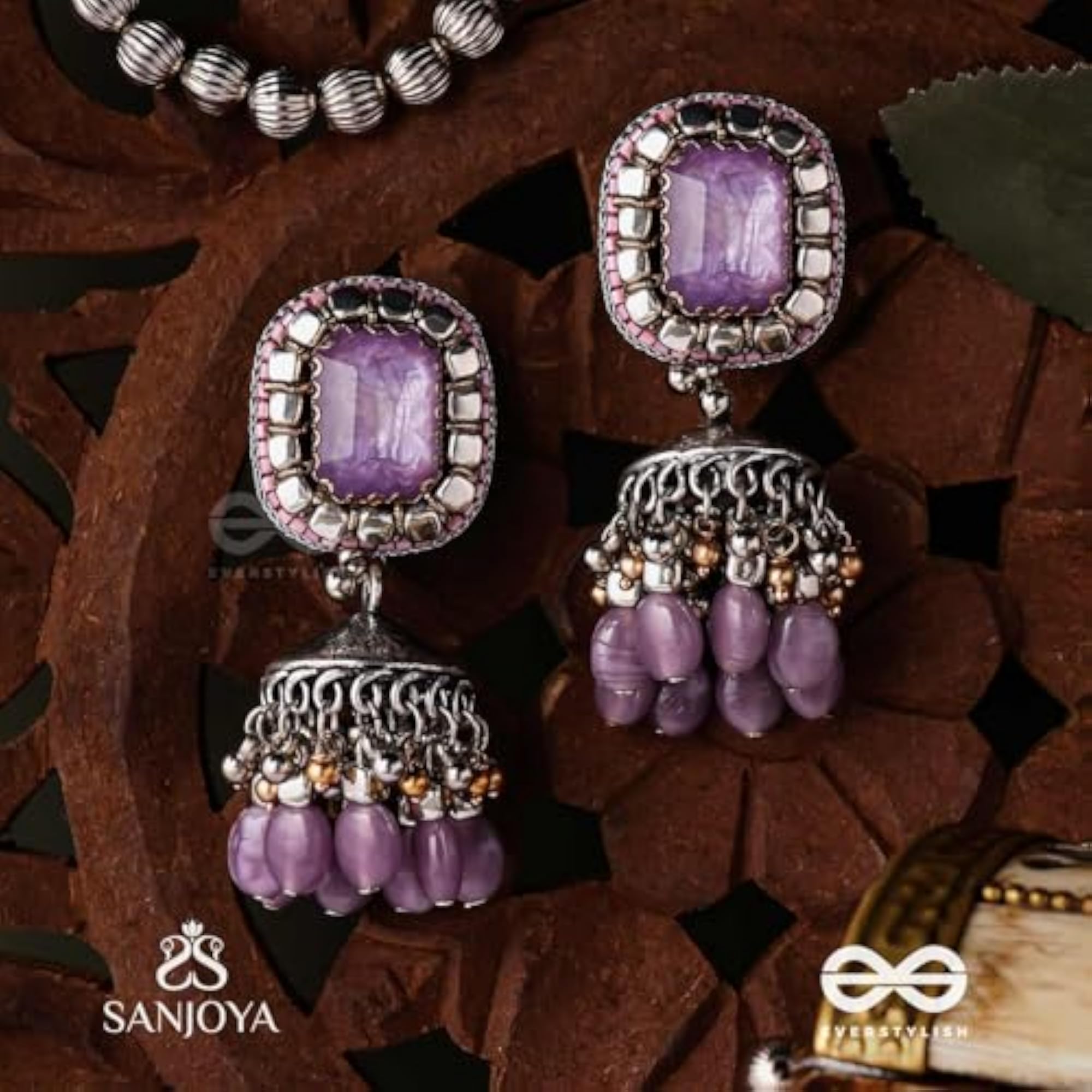 Women's Embroidered Jhumka Earrings with Lavender Stone
