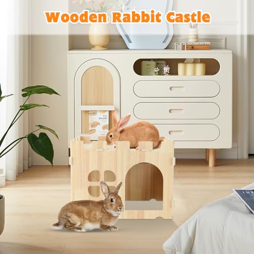 YUEPET Castelo de coelho de madeira, esconderijo de coelho e casa de coelho removível, esconderijo i