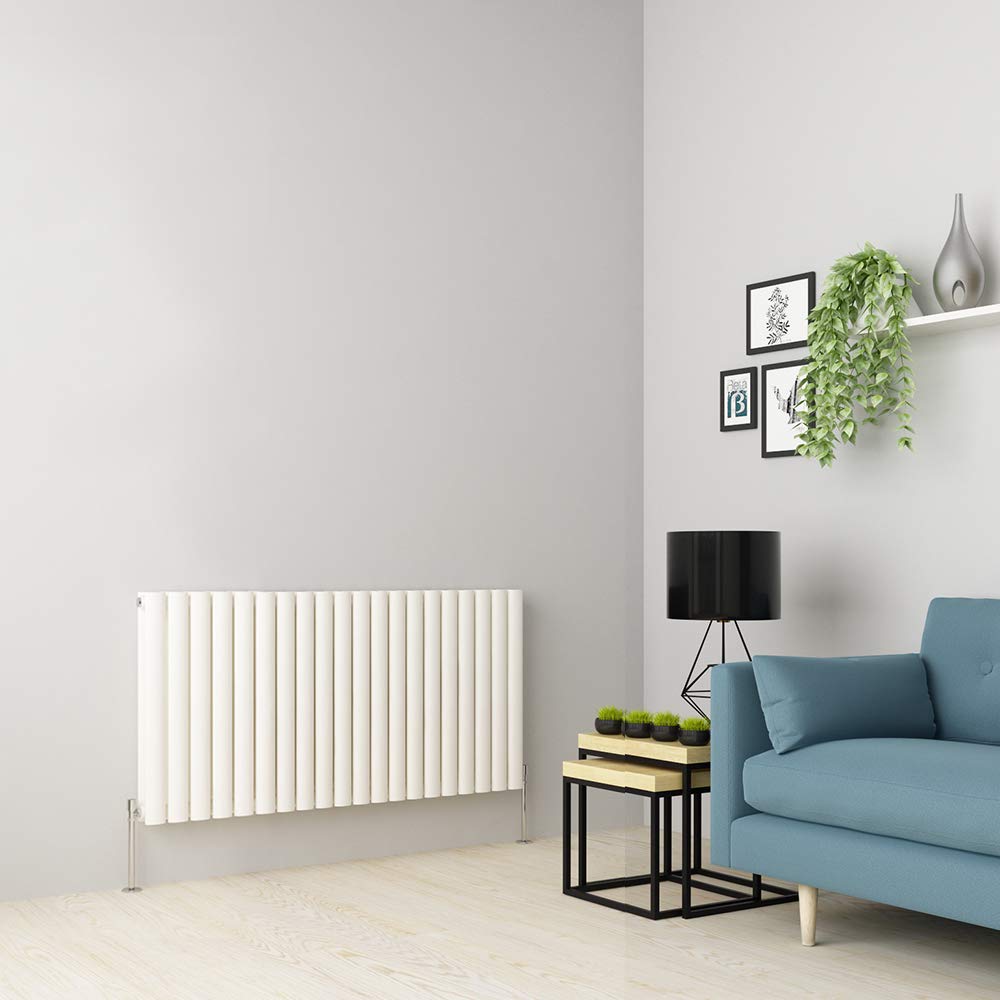 Warmehaus Horizontal Column Designer Radiator Oval Panel Double White 600 x 1000mm - Modern Central Heating Space Saving Radiators - Perfect for Bathrooms, Kitchen, Hallway, Living Room — image 1