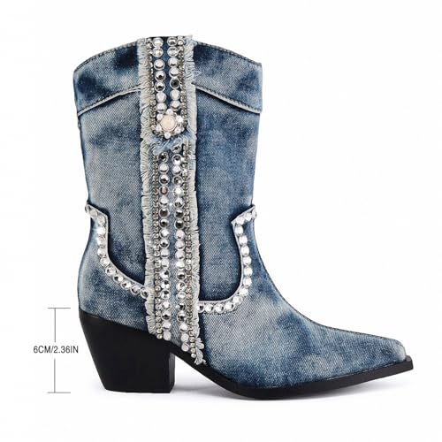 Women Denim Rhinestones Cowboy Mid Calf Boots Almond Pointed Chunky Block Heel Sparkly wide calf Western Boots4
