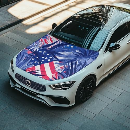 Image of Tropical Plants US Flag Car Hood Covers for Automobiles, Universal Hawaiian Palm Leaves Flag Car Bonnet Banner for Most Vehicles Sedans Trucks SUVs, All-Season Protection