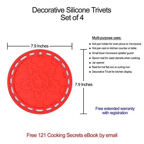 Silicone Hot Pads (Set Of 4) - 6 In 1 Multi-Purpose Kitchen Tool, Pot Holder, Splatter Guard, Microwave Cover, Jar Opener, Decorative Trivet, Red, 8 Inches. Includes 121 Cooking Secrets Ebook #TOP1