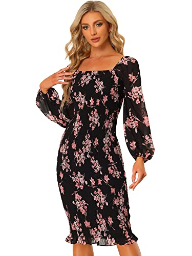 floral smocked bodycon dress Allegra K Women's Dresses Mermaid Square Neck Ruffle Puff Sleeve X-Small Black at Amazon Women's Clothing store MJMOL1 Gothic Kawaii Anime Dress Color:Copper Penny Made from a sage
