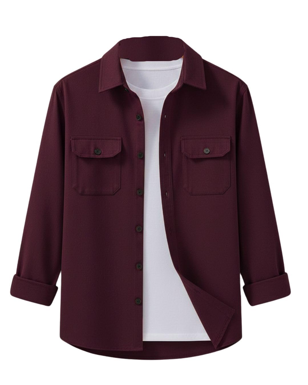 Men's Casual Button-Down Shirt Jacket, Khaki, Long Sleeve, Dual Chest Pockets, Relaxed Fit Shacket-picture-37