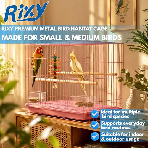Image of Rixy Metal Bird Cage - 18 inch (1.5 feet) (Colour May Vary) | Habitat Cage with Free Hanging Toy (1) + Perches (2) + Food & Water Feeder Cups (2) for Budgies, Lovebirds, Finches, Cockatiels & Parrots