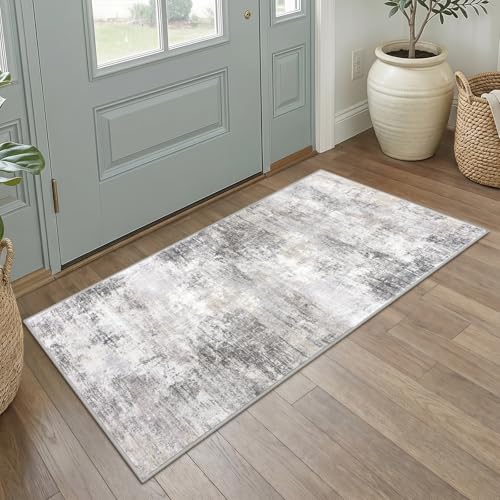 IOHOUZE Abstract Runner Rug 2x4 Ft Entryway Rugs Washable Door Mat Indoor Entrance, Rubber Backed Entryway Runners, Printed Faux Wool Non Slip Floor Carpet for Foyer Front Door Sink, Grey Beige