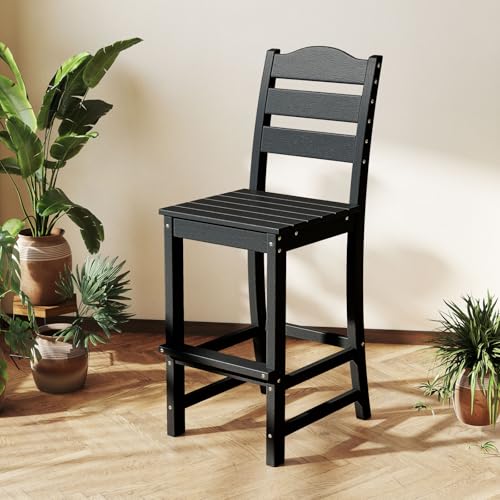 Image of Tangkula Patio HDPE Barstool, Outdoor High Top Bar Chair w /Backrest & Footrest, All-Weather Wood-Plastic Bar Height Chair for Poolside, Backyard, Porch (1, Black)