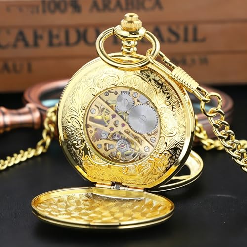 Image of Men's Mechanical Pocket Watch Black Rudder Pattern Double Open Hollow Roman Numerals Pocket Watch