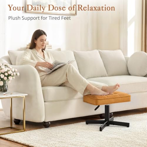 Image of LUE BONA Adjustable Vanity Stool, 15''-19.5'' Foot Rest Under Desk, 360 Swivel Vanity Chair for Makeup Room, Ginger Yellow Upholstered Suede Ottoman for Bathroom & Living Room, 300lbs