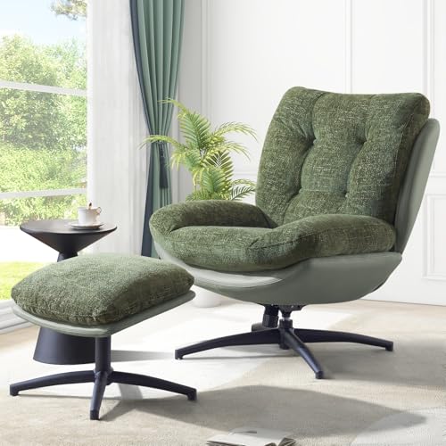 K Knowbody Chenille Rocking Swivel Accent Chair with Ottoman, 360° Oversized Metal Base Swivel Rocker Accent Chairs, Reclining Lounge Chair, Ergonomic Armchair for Living Room,Bedroom,Office,Green