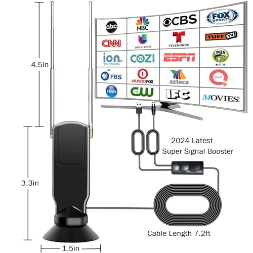 Indoor TV Antenna for Smart TV, 360° Reception Digital HD Antenna Without Cable, Support 4K/8K/1080p for Free Local Channels, with Super Signal Booster, 1 PCS. (Black, 3.34IN)