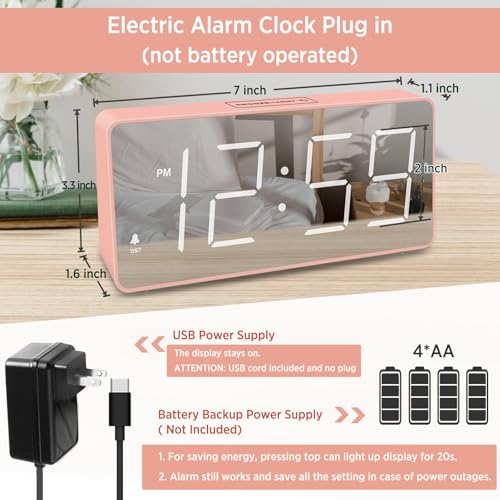 Image of Peakeep Digital Clock, Alarm Clock Battery Backup Powered for Bedrooms - Mirror Face Large Numbers 6 Dimmers for Seniors, Super Loud for Heavy Sleepers (Pink)