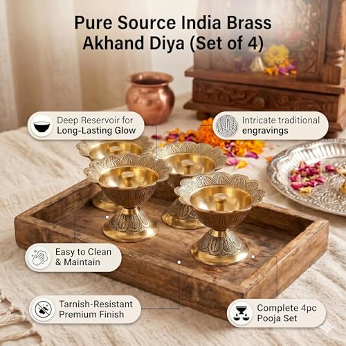 Image of Pure Source India Brass Akhand Diya /Oil Lamp for Pooja, Mandir and Home Decoration (L-2.75inch) 4pcs